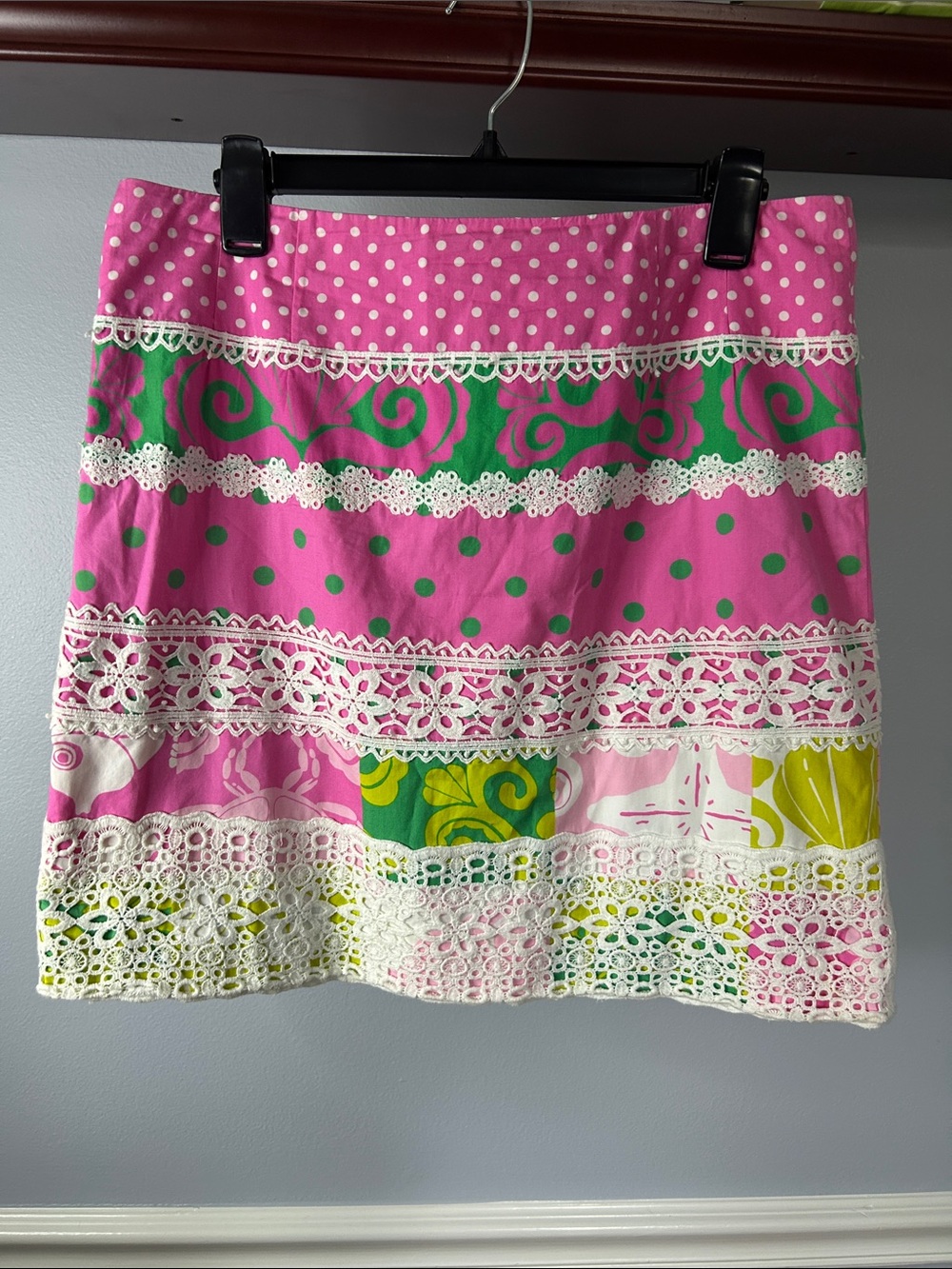 Lilly Pulitzer Pink & Green Patchwork Mini Skirt with Lace Trim